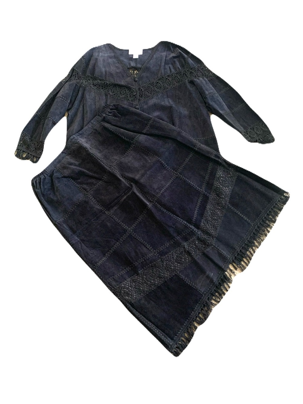 Vintage Y2K Black Genuine Suede Leather 2 Piece Jacket Skirt Set 4/3X Western